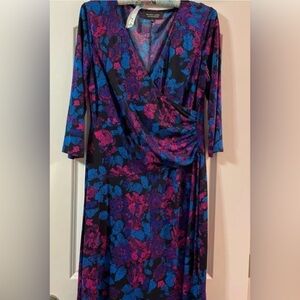 Evan Picone Black Label Women’s 16 Ruched Waist Faux Wrap Dress Multicolored